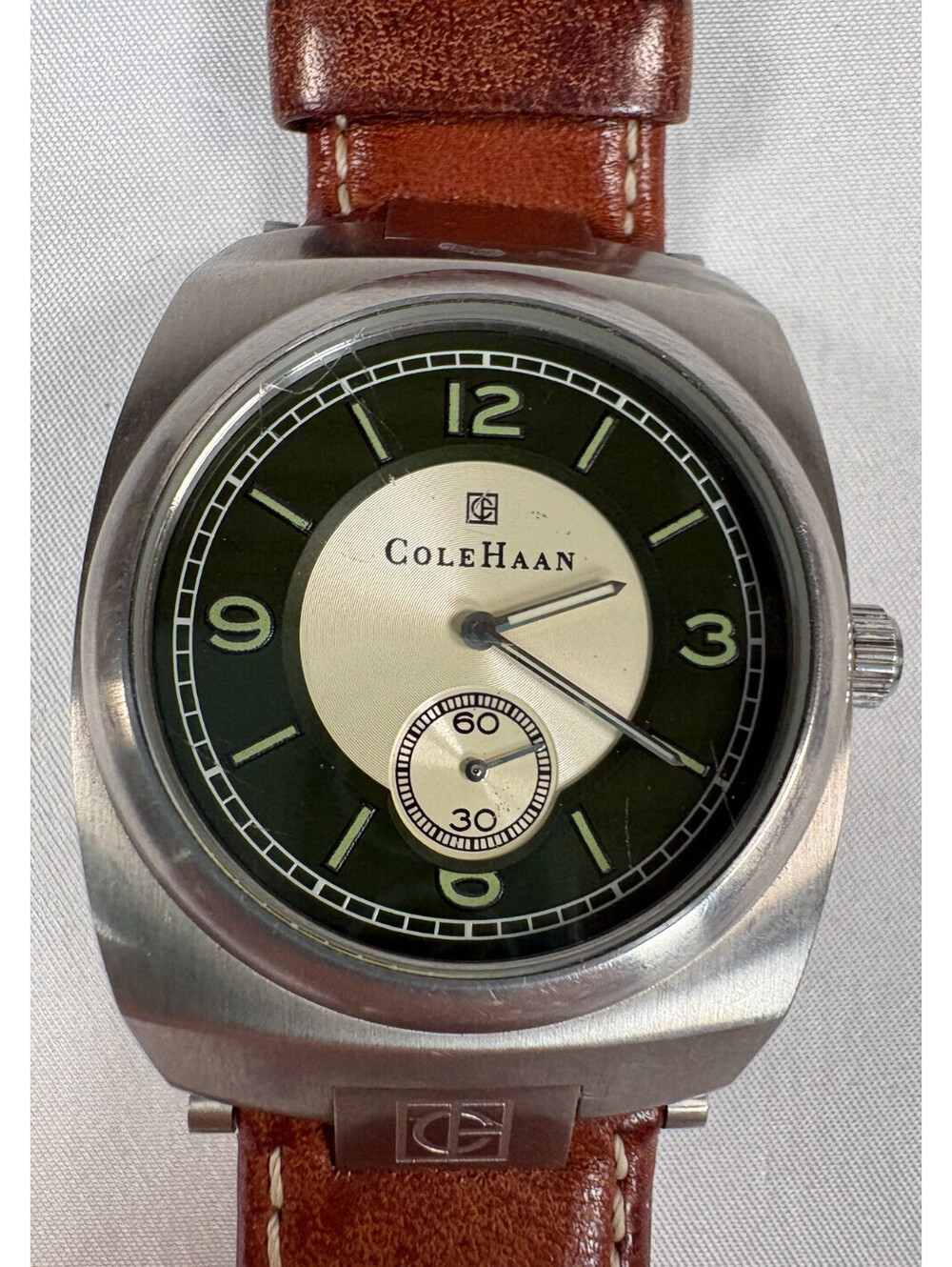 Cole Haan CR1002 Stainless Steel Watch Green Dial 50M Quartz Band Damage Used